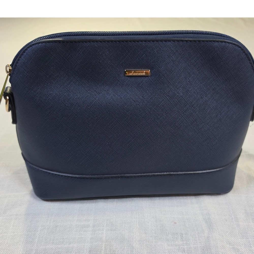 Lovevook Navy Blue Crossgrain Faux Leather Dome Crossbody Bag Gold Hardware